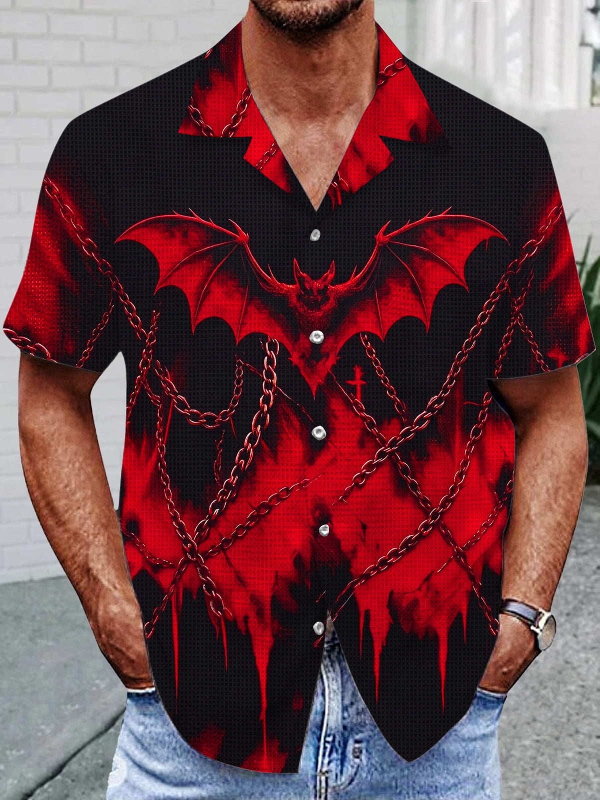 Dark Bat Chain Men's Pocket Cuban Collar Short Sleeve Shirt