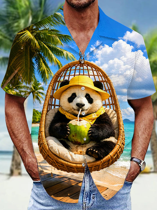 Fun Hawaiian Beach Vacation Panda Coconut Men's Pocket Cuban Collar Short Sleeve Shirt