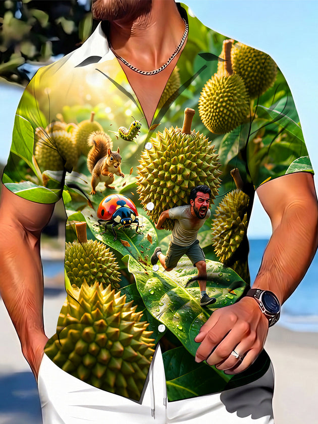 Fun Chasing Giant Durian Men's Pocket Cuban Collar Short Sleeve Shirt