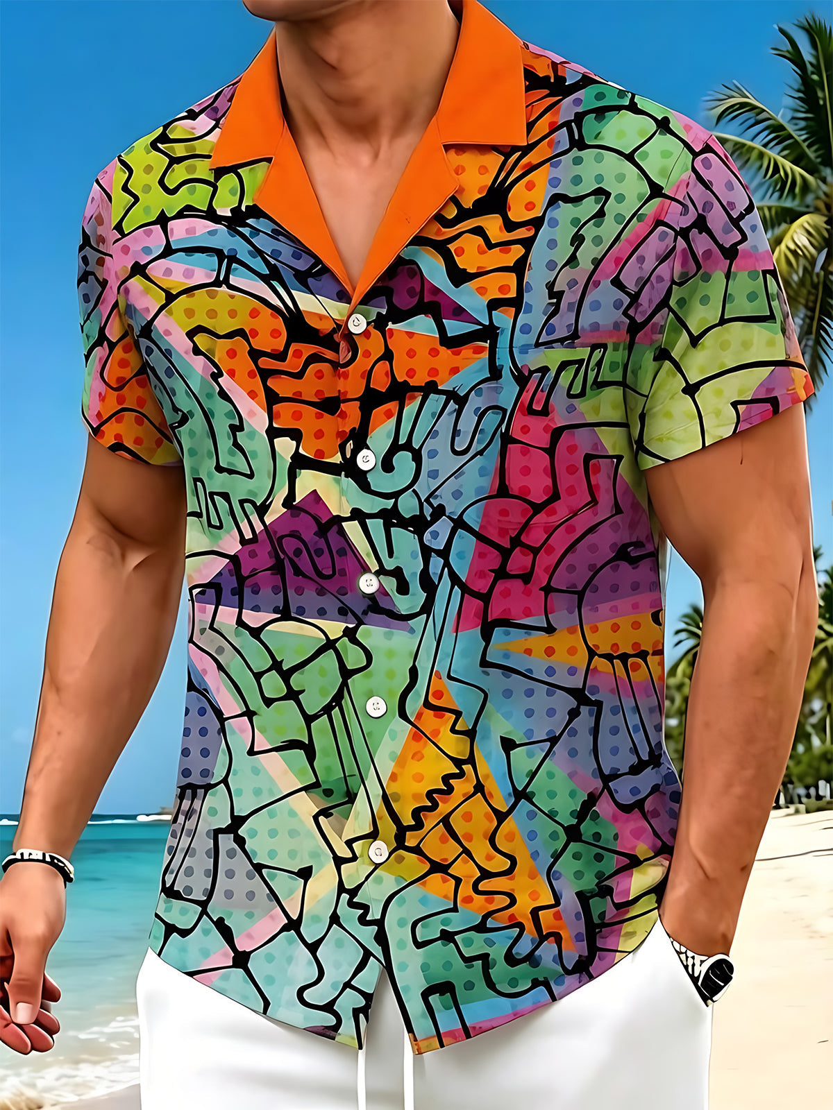 Colorful Graffiti Polka Dot Geometry Men's Pocket Cuban Collar Short Sleeve Shirt