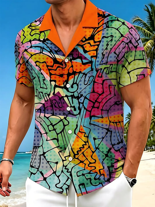 Colorful Graffiti Polka Dot Geometry Men's Pocket Cuban Collar Short Sleeve Shirt