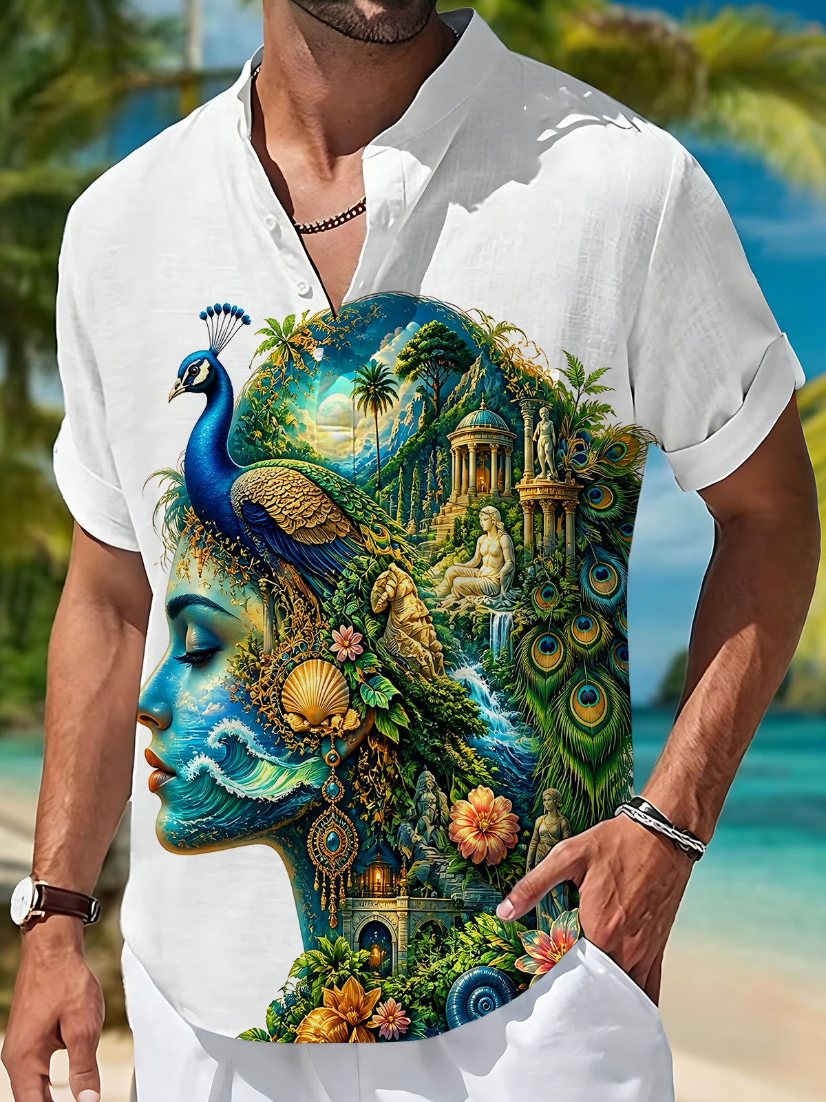Art Peacock Human Face Classical Landscape Men's Pocket Short Sleeve Stand Collar Shirts