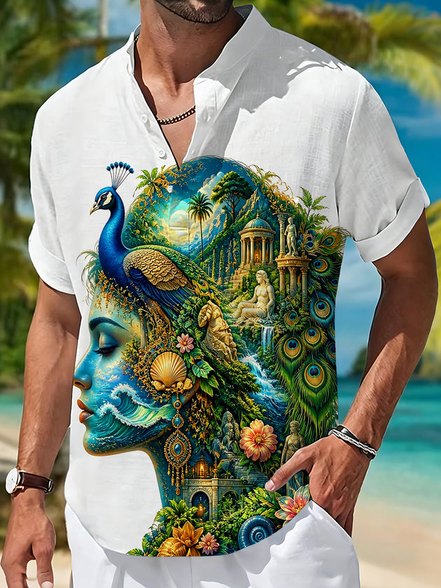 Art Peacock Human Face Classical Landscape Men's Pocket Short Sleeve Stand Collar Shirts