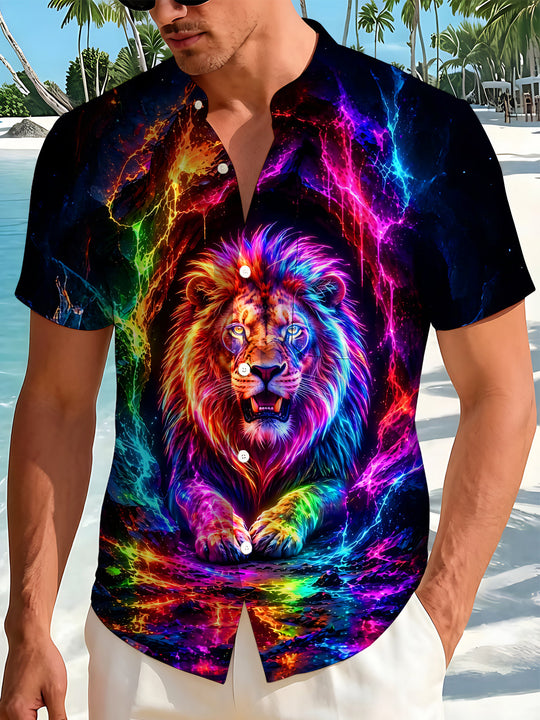 Neon Colorful Lion Starry Sky Men's Pocket Short Sleeve Stand Collar Shirts