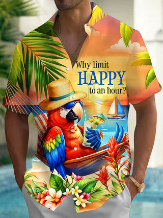 Adaychic Men's Hawaiian Floral Tropical Parrot Cocktail Print Short Sleeve Button Down Shirt with Chest Pocket