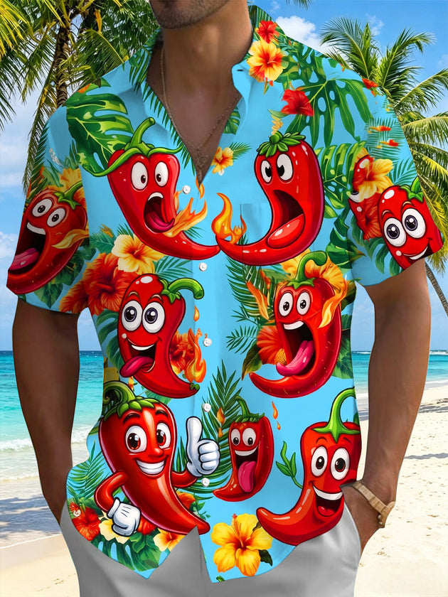 Fun Hawaiian Chili Tropical Flower Men's Pocket Short Sleeve Shirts