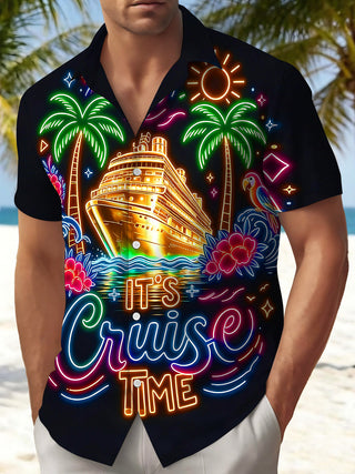 Adaychic Men's Hawaiian Floral Neon Cruise Ship Tropical Print Short Sleeve Button Down Shirt with Chest Pocket