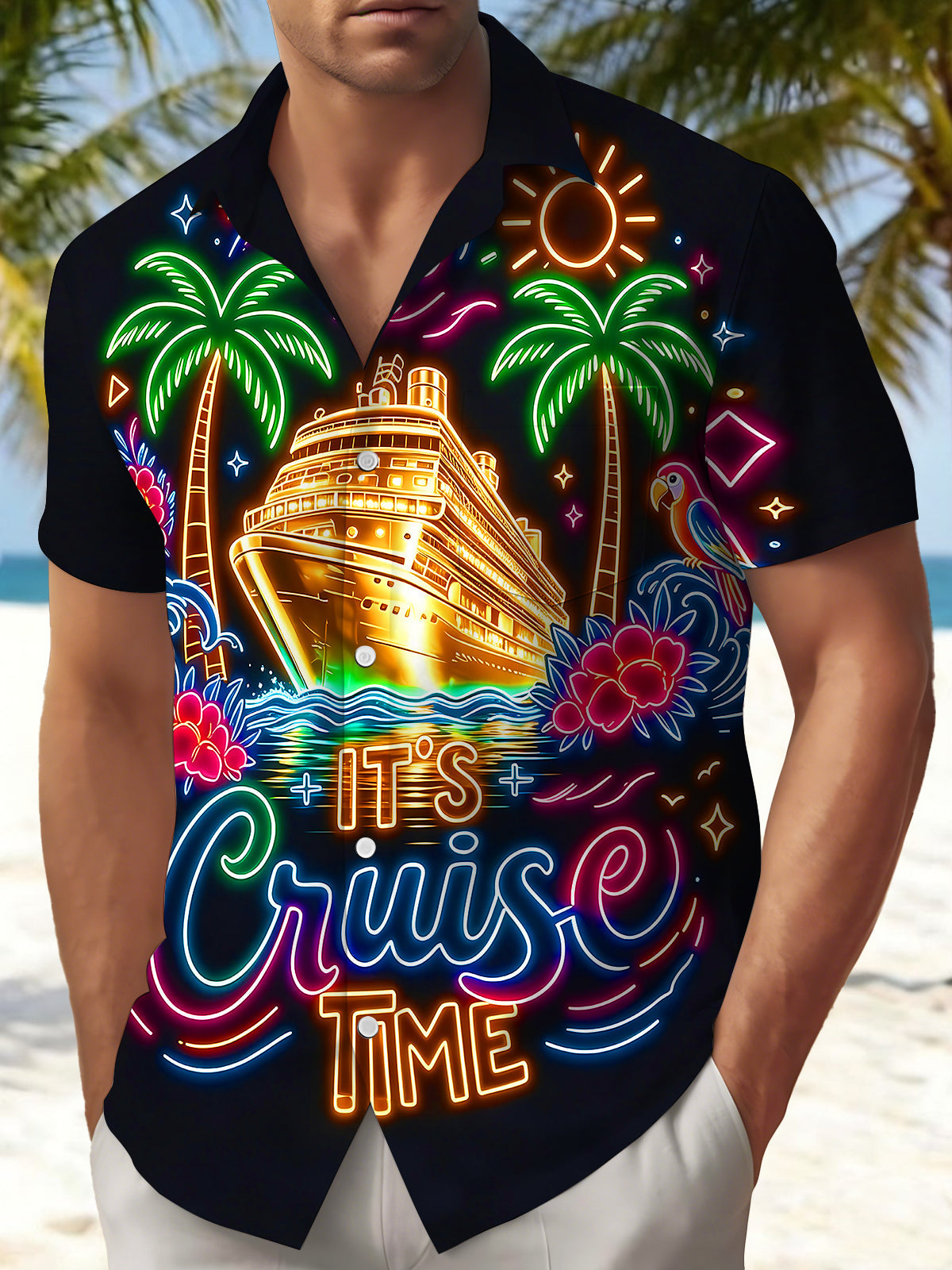 Neon Colorful Cruise Vacation Men's Pocket Short Sleeve Shirts