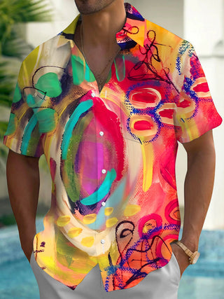 Adaychic Men's Graphic Abstract Watercolor Paint Print Short Sleeve Button Down Shirt with Chest Pocket
