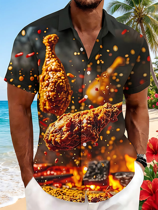 Delicious Barbecue Fried Chicken Drumstick Food Men's Pocket Short Sleeve Shirts