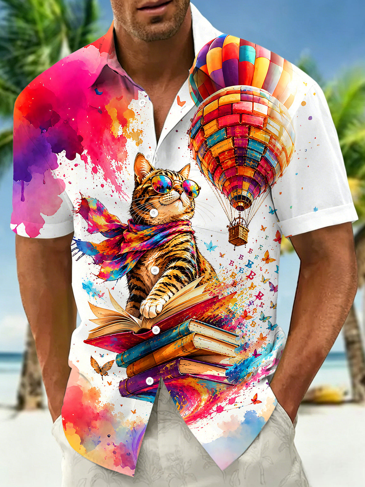 Fun Tie-Dye Literary Cat Hot Air Balloon Book Men's Pocket Short Sleeve Shirts