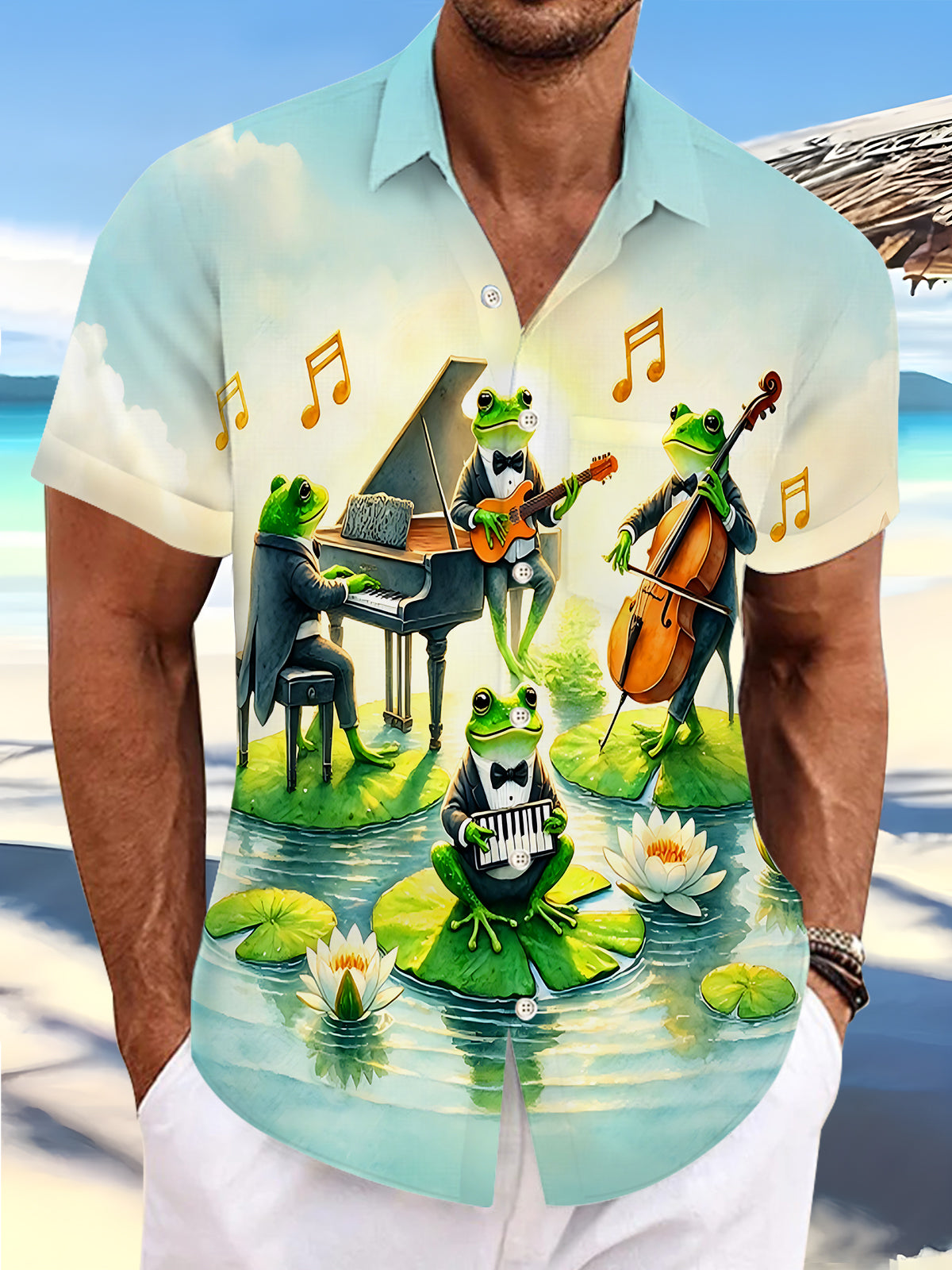 Hawaiian Lotus Leaf Frog Band Note Concert Men's Pocket Short Sleeve Shirts