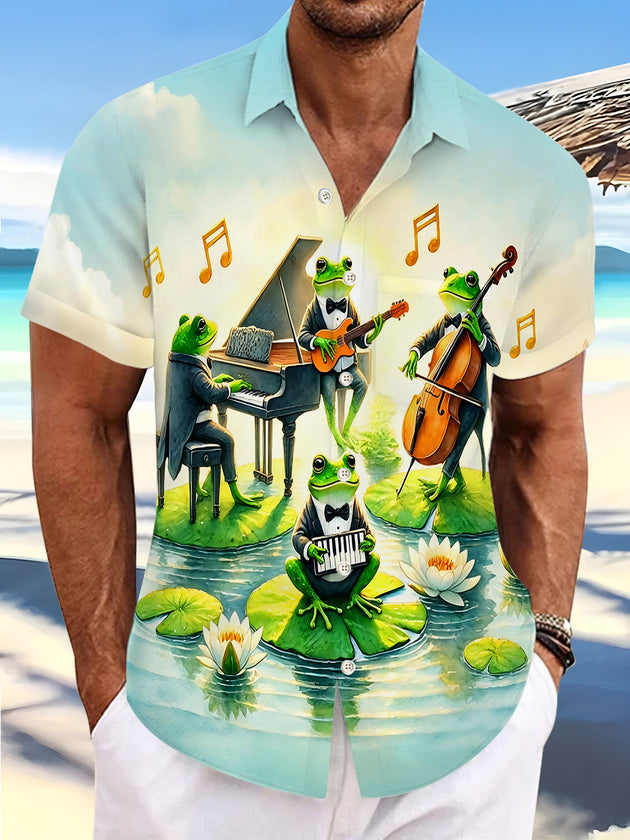Hawaiian Lotus Leaf Frog Band Note Concert Men's Pocket Short Sleeve Shirts