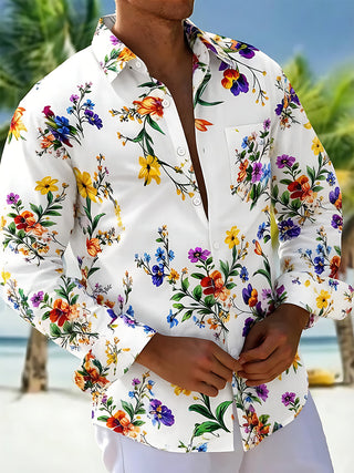 Adaychic Men's Colorful Wildflower Floral Print Long Sleeve Button Down Shirt with Chest Pocket