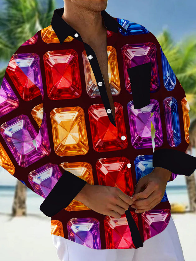 Colorful Rectangular Gem Geometry Men's Pocket Long Sleeve Shirts