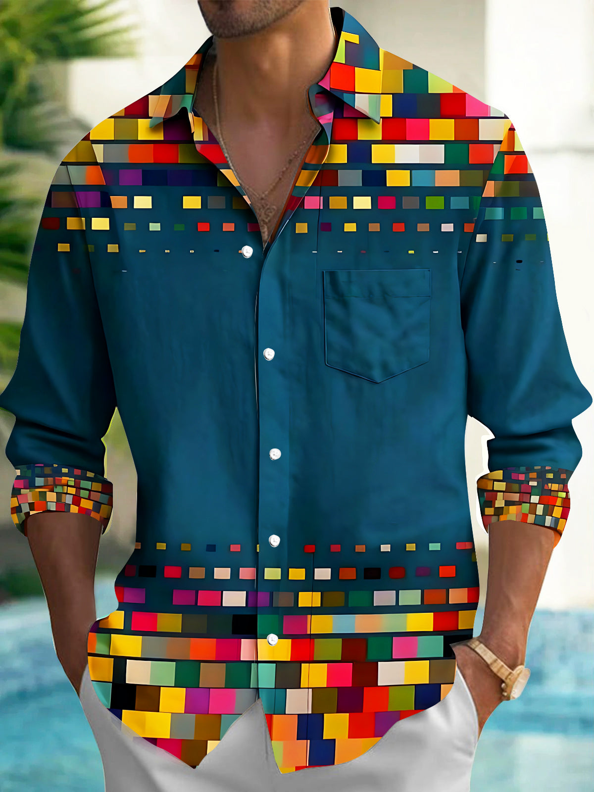 Pixel Color Block Gradient Geometry Men's Pocket Long Sleeve Shirts