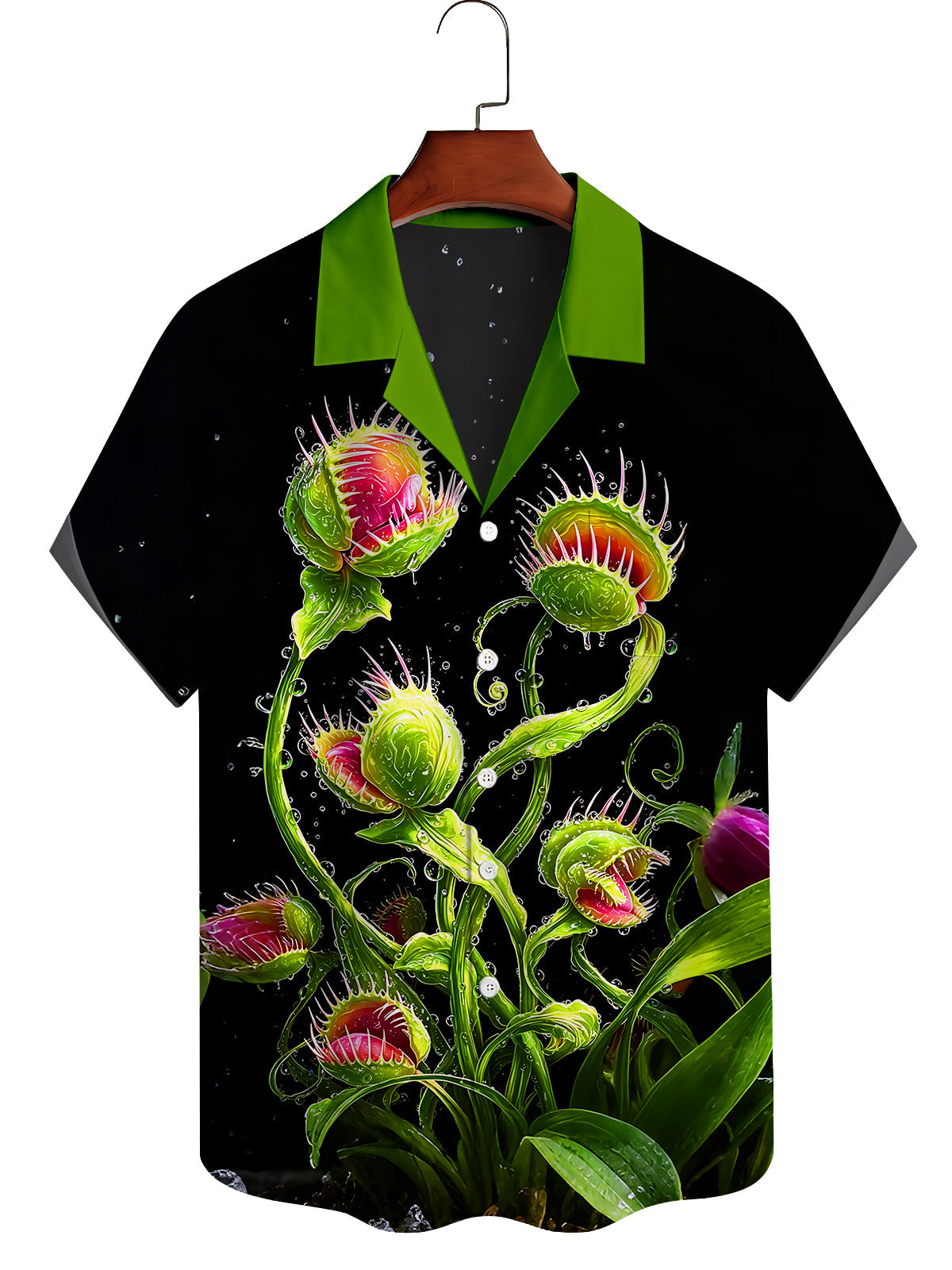Dark Venus Flytrap Plant Men's Pocket Cuban Collar Short Sleeve Shirt