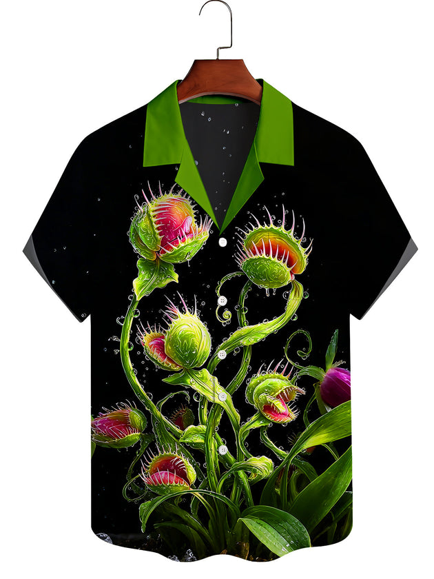 Dark Venus Flytrap Plant Men's Pocket Cuban Collar Short Sleeve Shirt