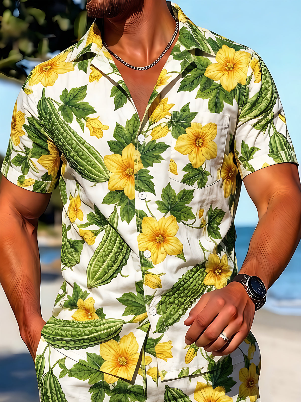 Hawaiian Bitter Gourd Yellow Flower Pastoral Men's Pocket Cuban Collar Short Sleeve Shirt