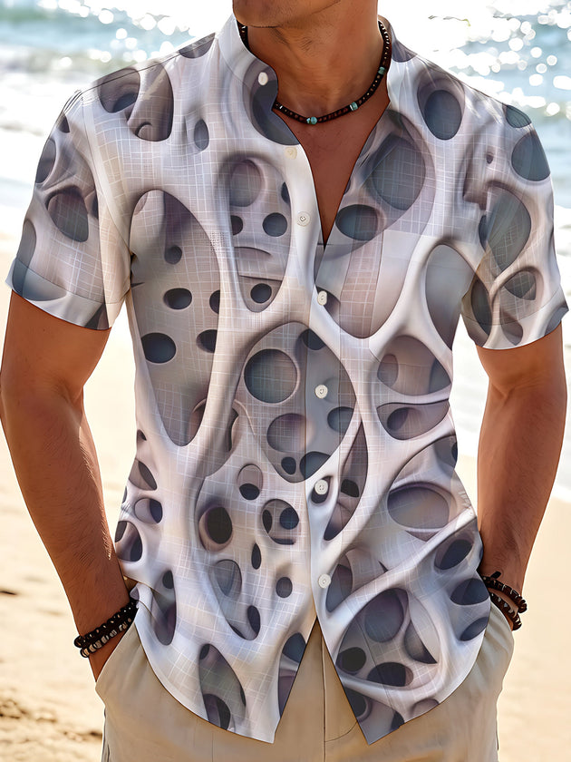Art Abstract 3D Hole Texture Men's Pocket Short Sleeve Stand Collar Shirts