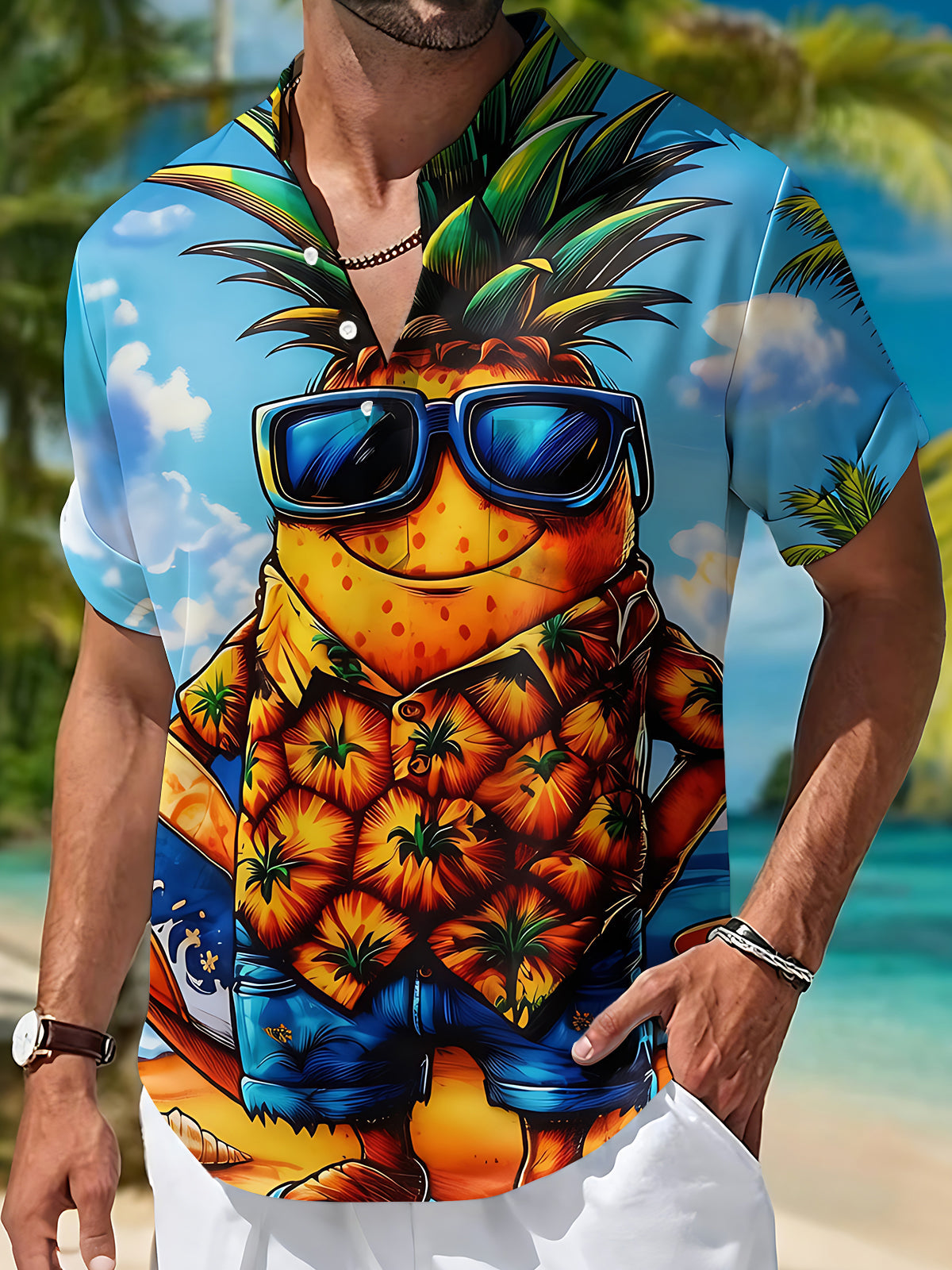 Fun Hawaiian Anthropomorphic Pineapple With Sunglasses Vacation Men's Pocket Short Sleeve Stand Collar Shirts