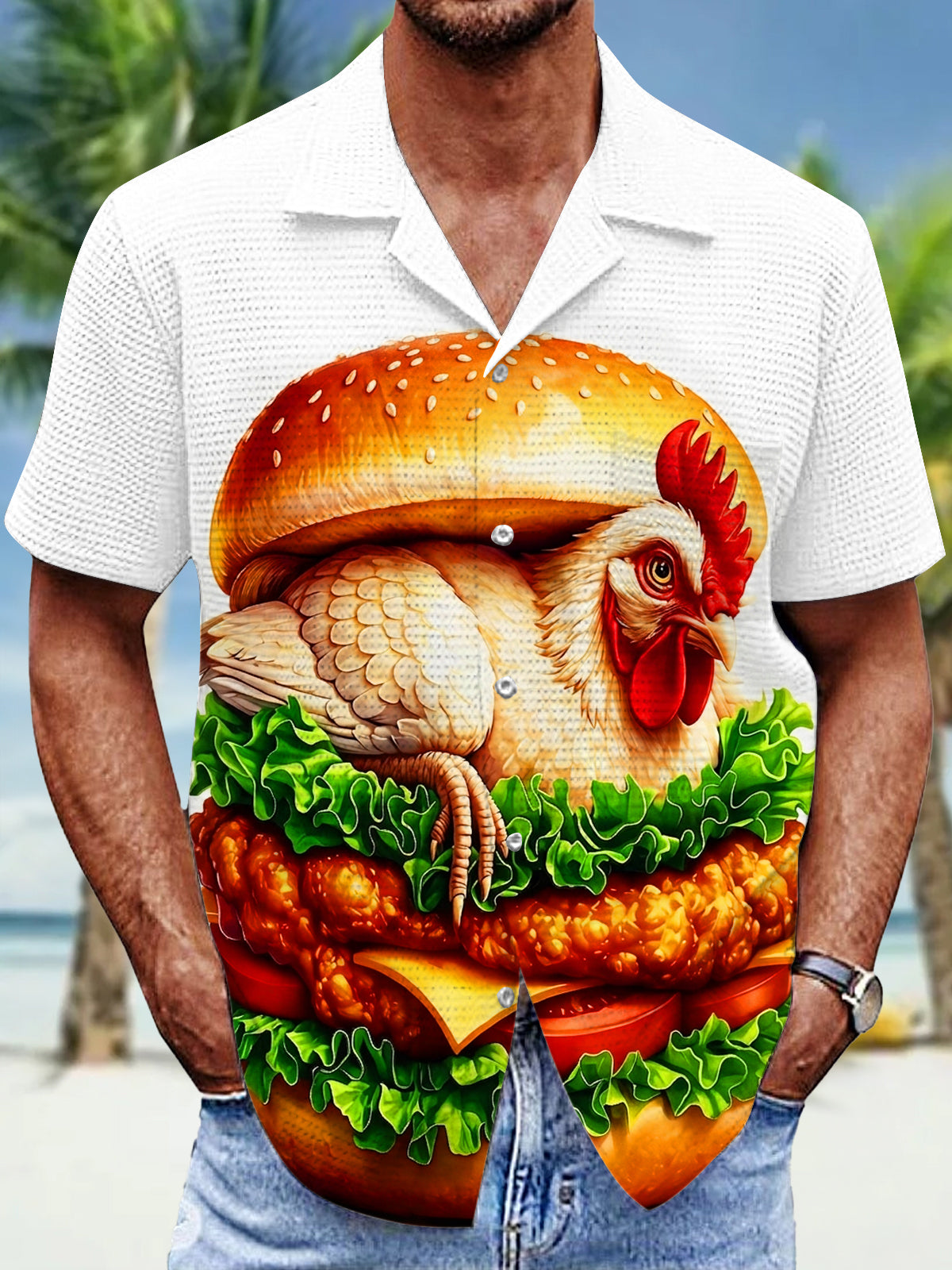 Fun Creative Chicken Burger Men's Pocket Cuban Collar Short Sleeve Shirt