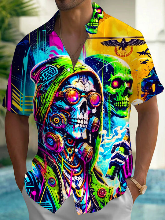 Cyber Neon Skull Graffiti Men's Pocket Short Sleeve Shirts