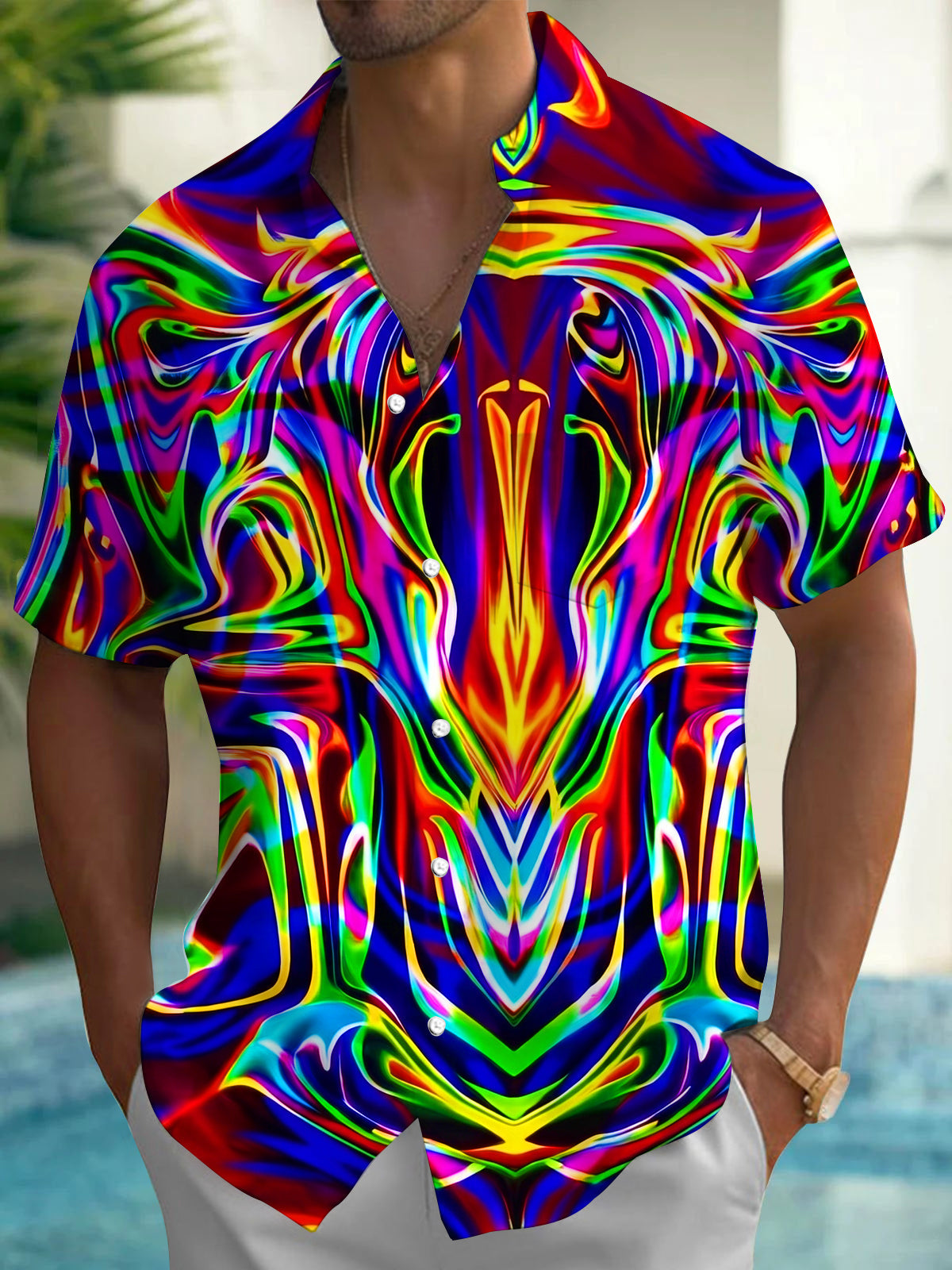 Dazzling Colorful Abstract Fluid Laser Texture Men's Pocket Short Sleeve Shirts