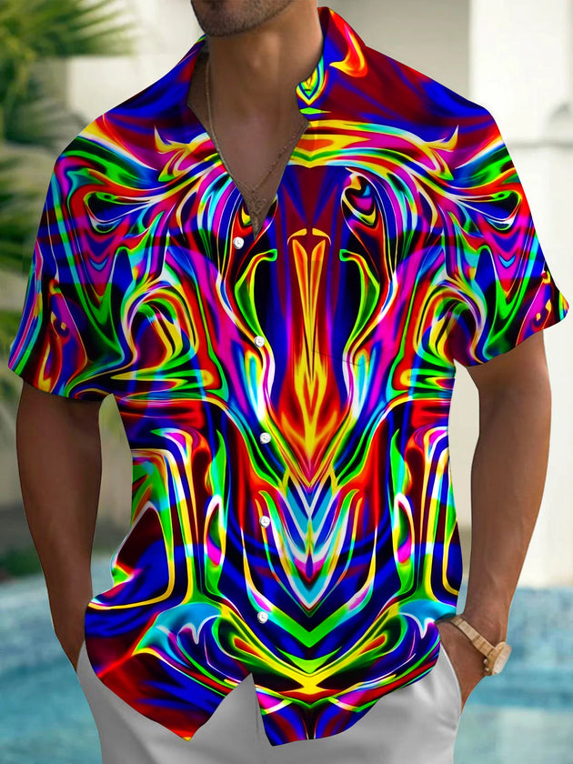 Dazzling Colorful Abstract Fluid Laser Texture Men's Pocket Short Sleeve Shirts