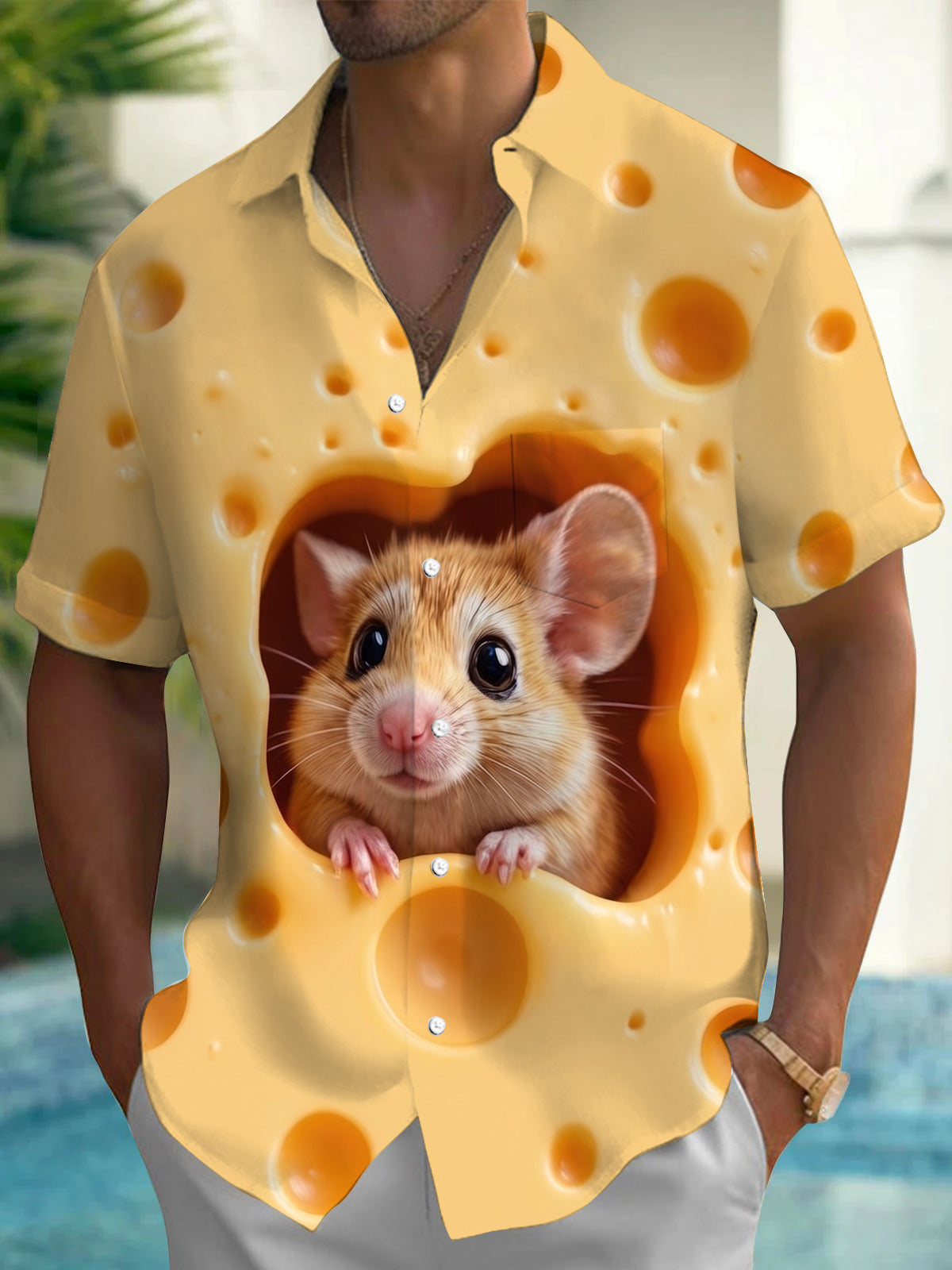 Fun Little Mouse Peeking Out From Cheese Cave Texture Men's Pocket Short Sleeve Shirts