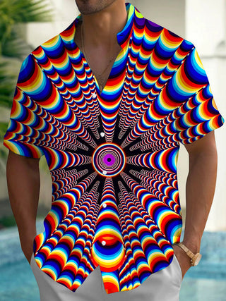 Adaychic Men's Geometric Psychedelic Rainbow Arc Print Short Sleeve Shirt with Chest Pocket