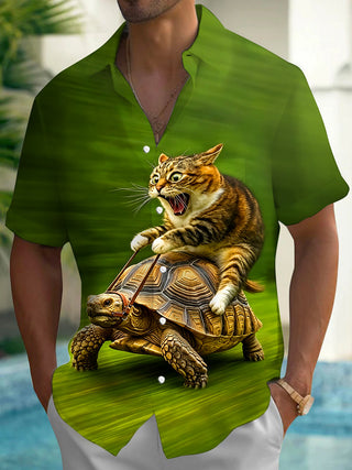 Adaychic Men's Graphic Cat Riding Tortoise Print Short Sleeve Button Down Shirt with Chest Pocket