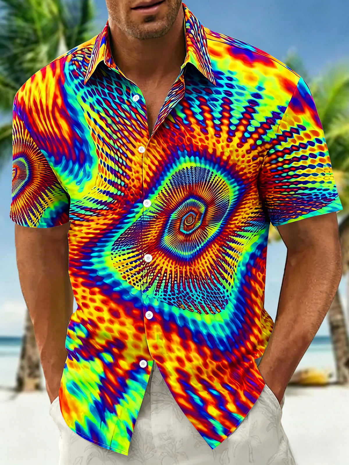 Dazzling Colorful Abstract Radial Kaleidoscope Texture Men's Pocket Short Sleeve Shirts