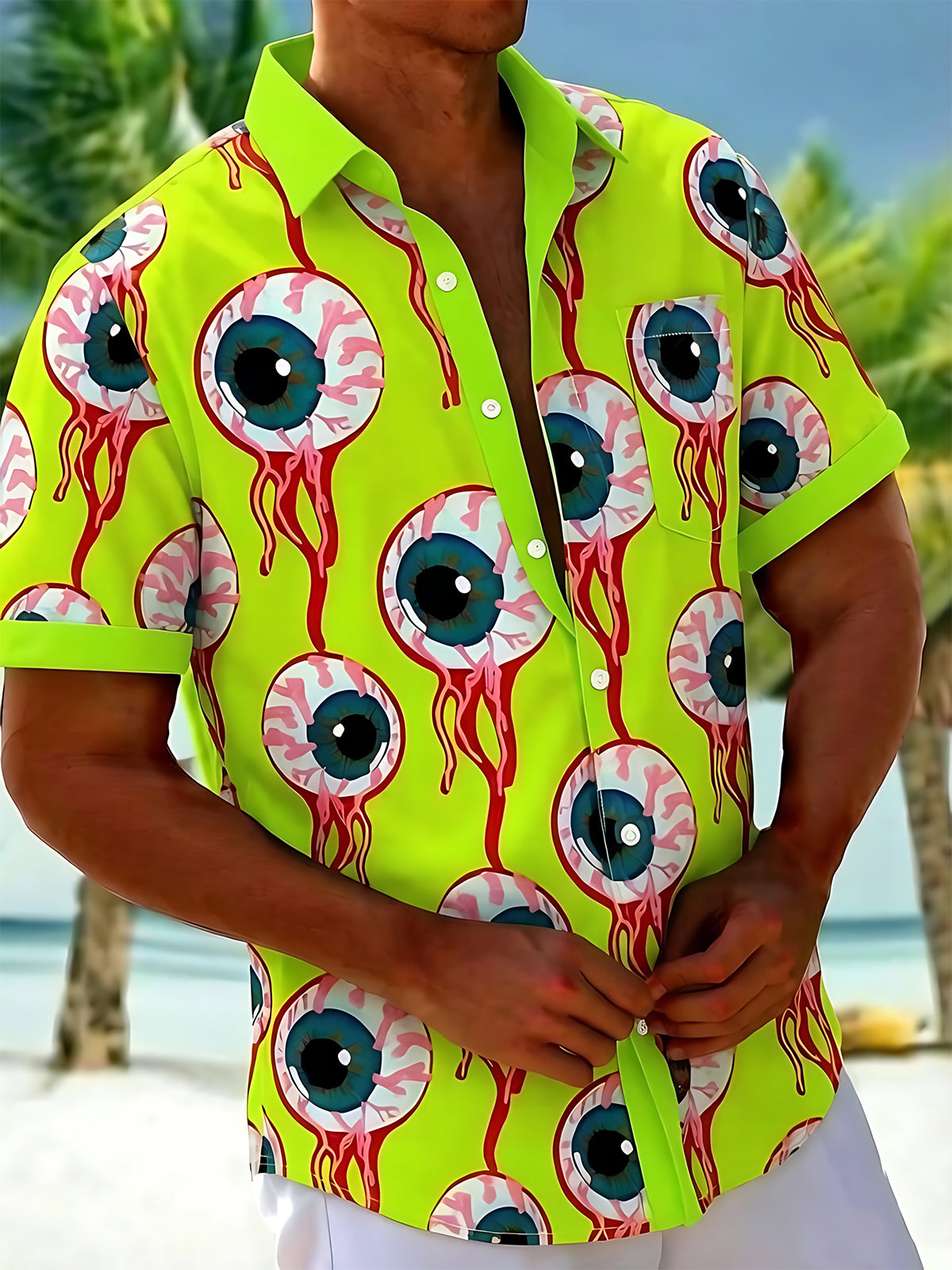 Fun Abstract Fluorescent Green Weird Eyeball  Men's Pocket Short Sleeve Shirts