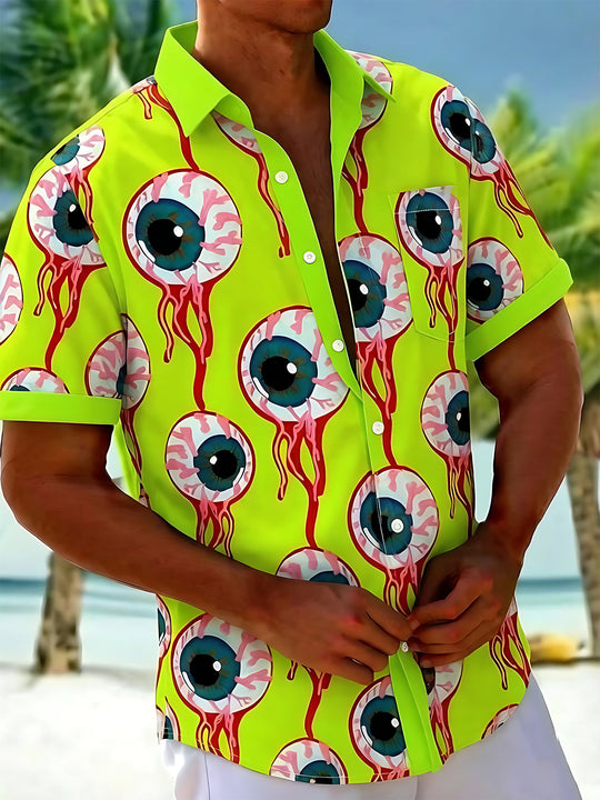 Fun Abstract Fluorescent Green Weird Eyeball  Men's Pocket Short Sleeve Shirts