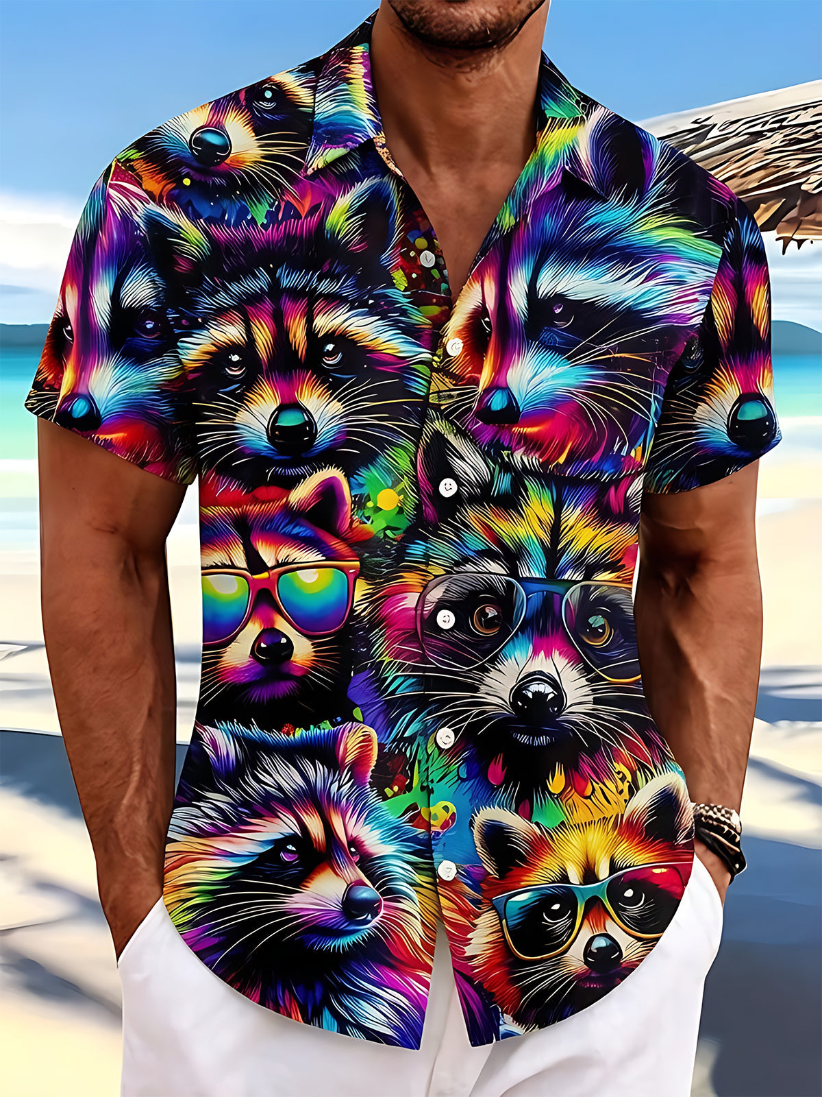 Fun Hawaiian Colorful Graffiti Raccoon Collection Men's Pocket Short Sleeve Shirts