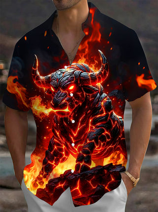 Adaychic Men's 3D Lava Bull Fire Graphic Print Short Sleeve Button Down Shirt with Chest Pocket