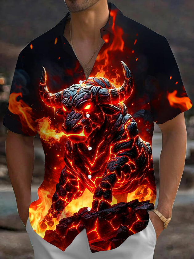 Dark Lava Fiery Domineering Bull Men's Pocket Short Sleeve Shirts