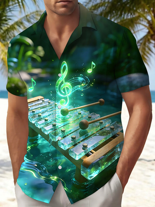 Dreamy Underwater Glowing Xylophone Musical Notes Men's Pocket Short Sleeve Shirts