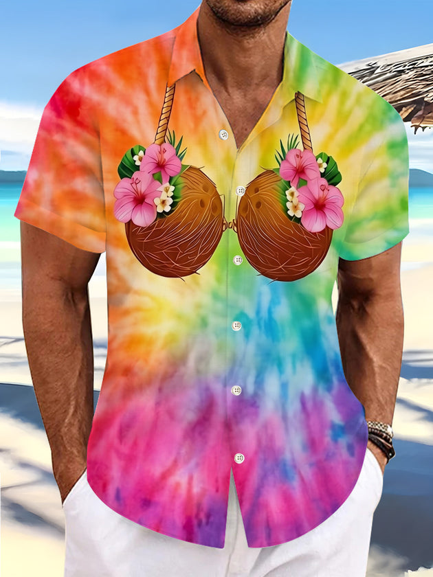 Fun Hawaiian Colorful Tie-Dye Coconut Shell Floral Creative Men's Pocket Short Sleeve Shirts