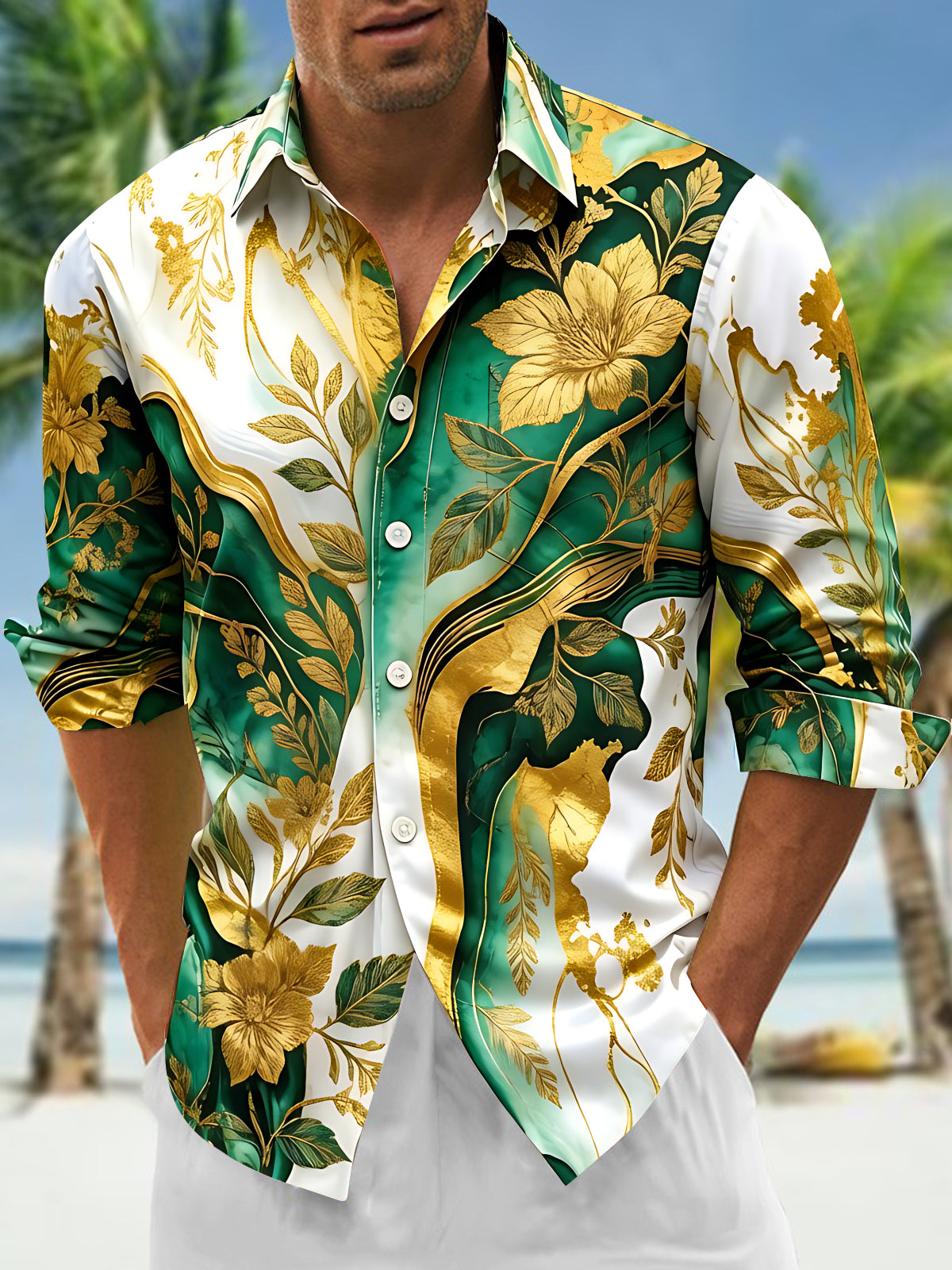 Art Gilded Floral Fluid Abstract Men's Pocket Long Sleeve Shirts