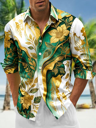 Adaychic Men's Tropical Green Floral Leaf Print Long Sleeve Button Down Shirt with Chest Pocket