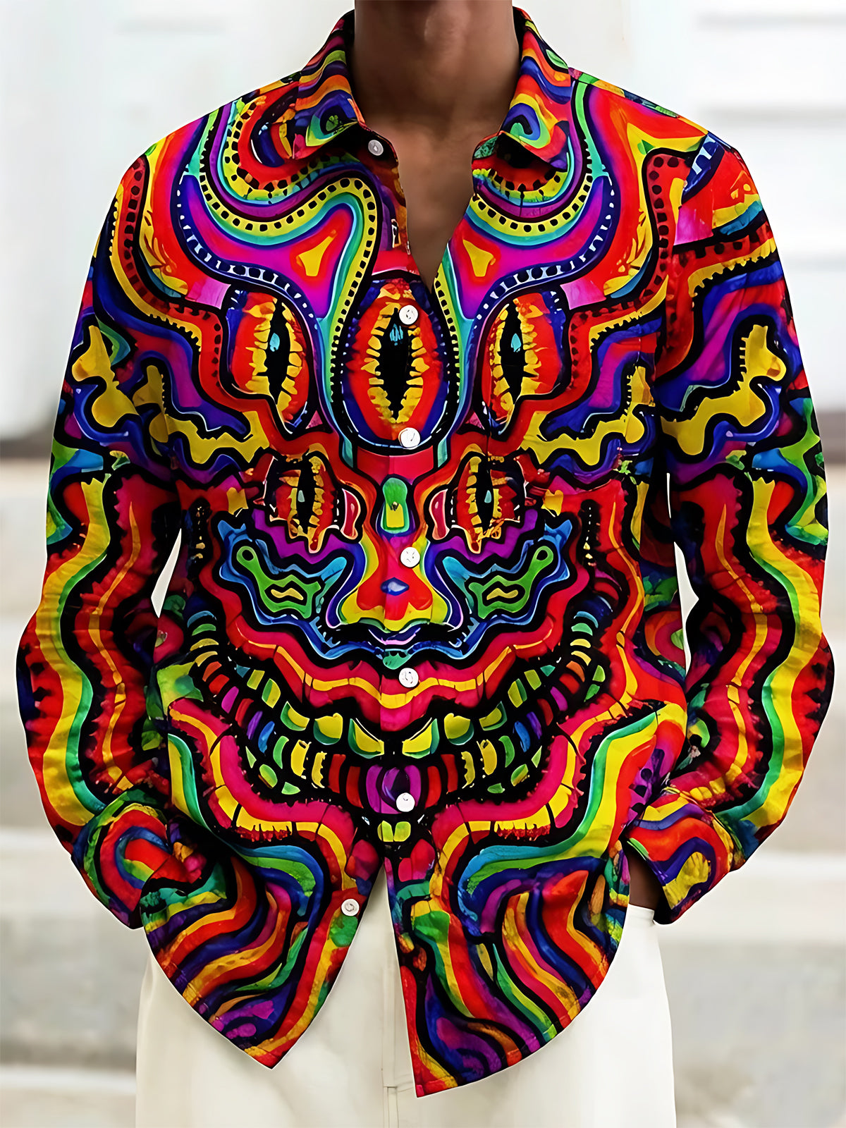 Psychedelic Colorful Abstract Beast Face Men's Pocket Long Sleeve Shirts