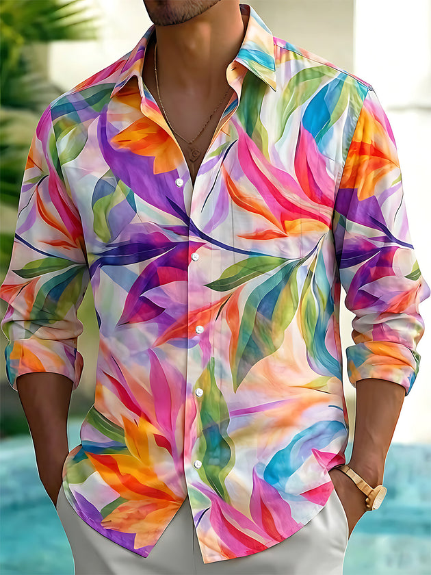 Art Gradient Colorful Tropical Foliage Leaves Men's Pocket Long Sleeve Shirts
