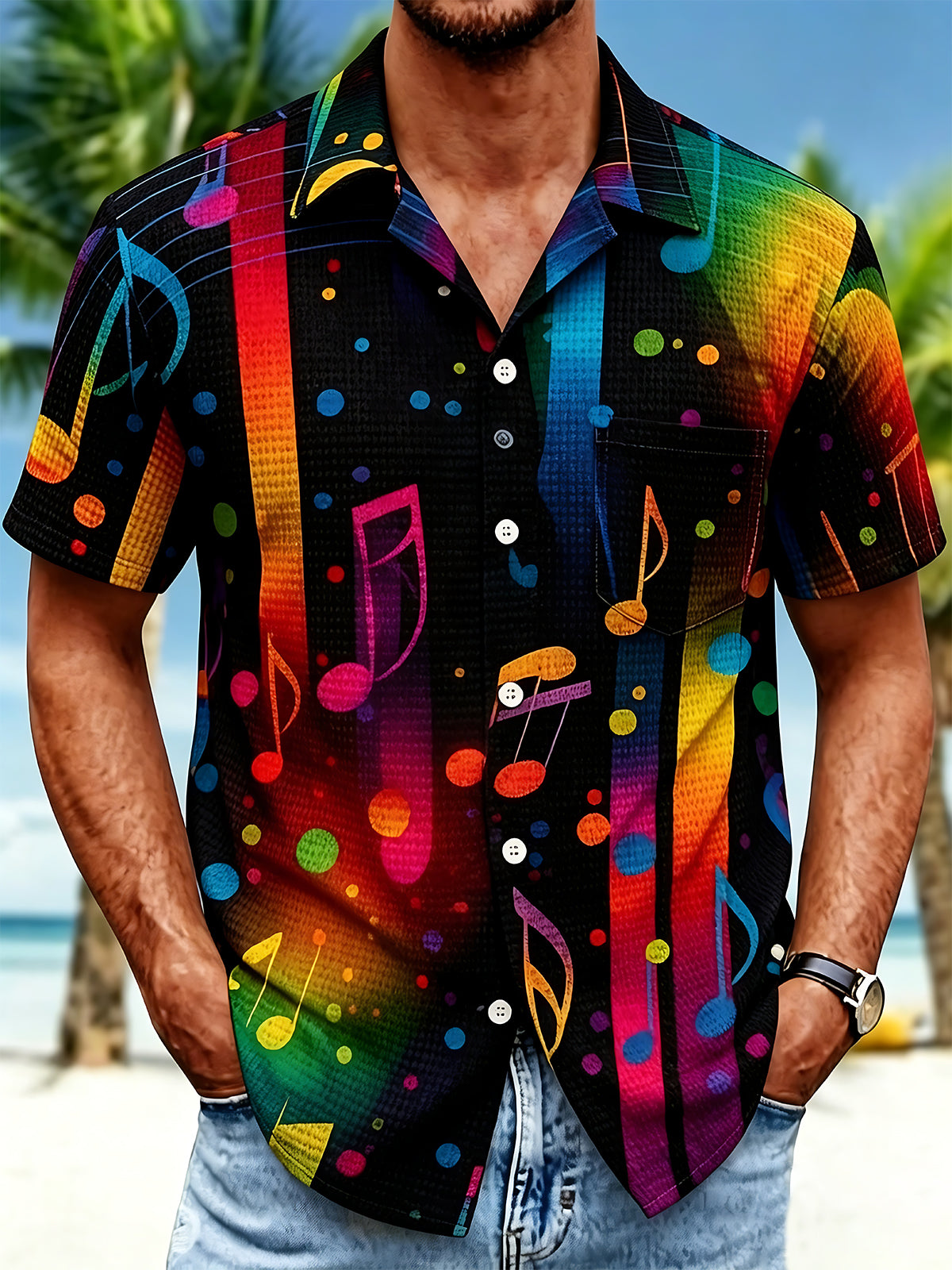 Hawaiian Neon Colorful Musical Note Vertical Stripes Men's Pocket Cuban Collar Short Sleeve Shirt