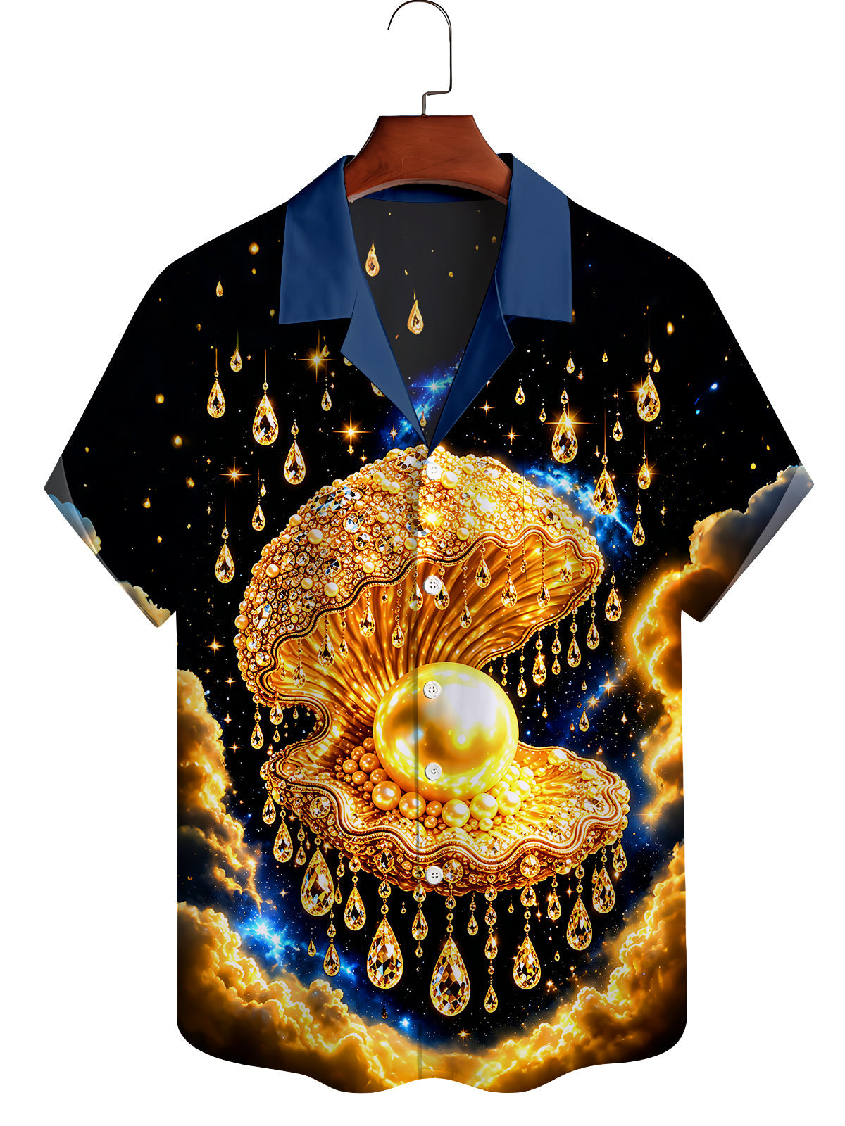 Art Golden Starry Sky Pearl Shell Men's Pocket Cuban Collar Short Sleeve Shirt