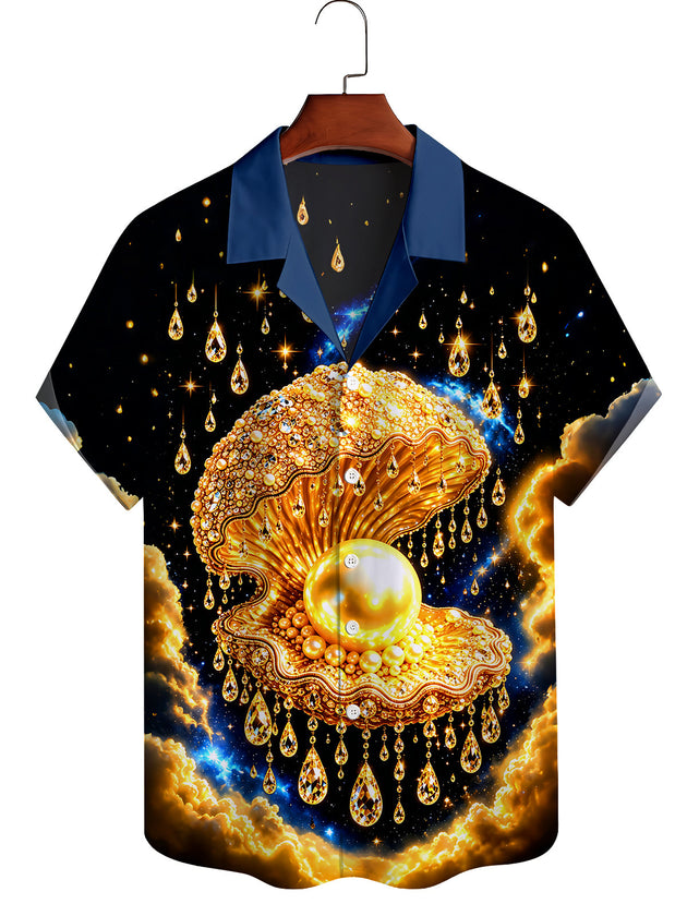 Art Golden Starry Sky Pearl Shell Men's Pocket Cuban Collar Short Sleeve Shirt