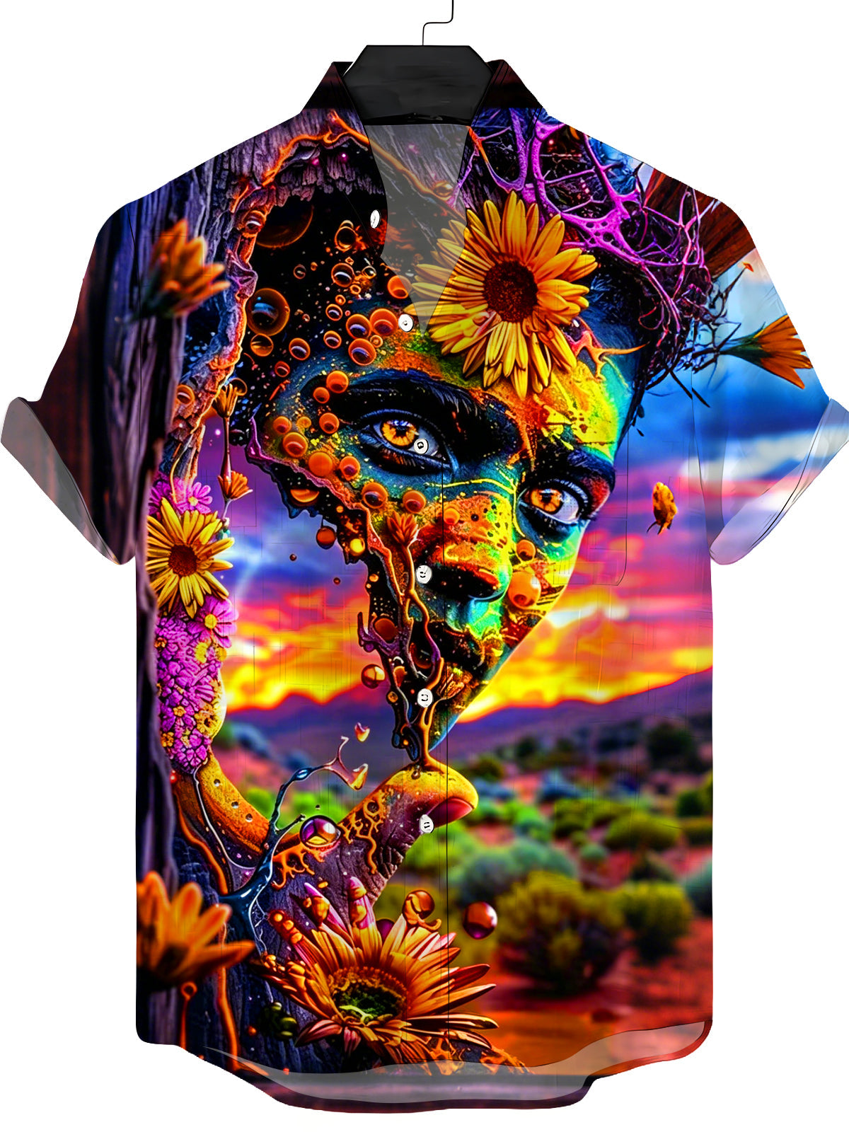 Surreal Art Abstract Human Face Sunflower Men's Pocket Short Sleeve Stand Collar Shirts