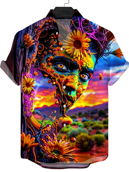 Surreal Art Abstract Human Face Sunflower Men's Pocket Short Sleeve Stand Collar Shirts