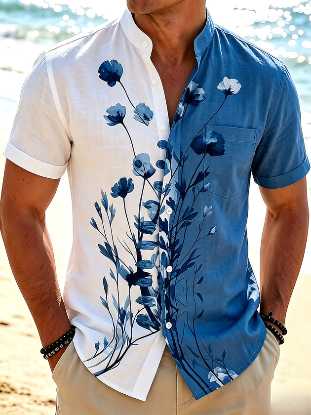Art Blue White Ink Flower Branch Men's Pocket Short Sleeve Stand Collar Shirts